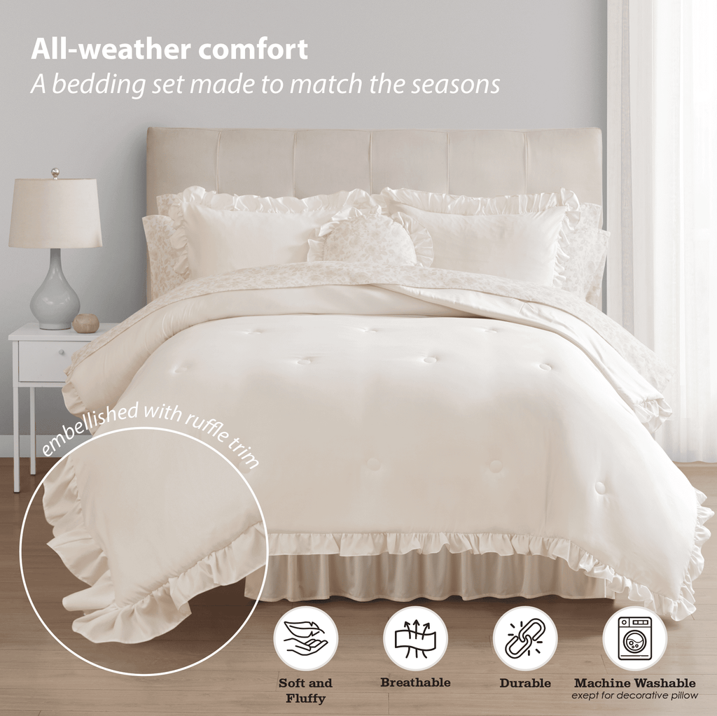 Mainstays 11-Piece Bed in a Bag Comforter Set with Sheets, Cream Ruffle, Queen