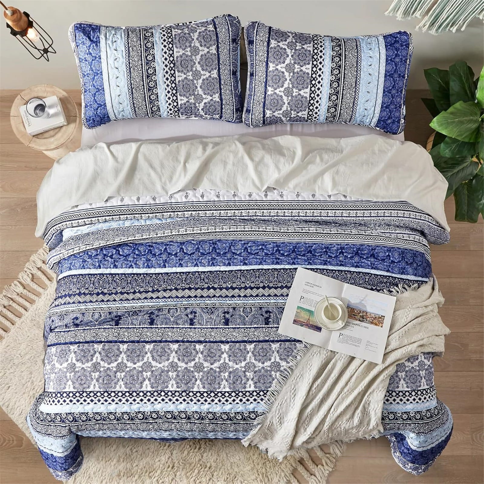 Dintszyayue Bohemian Quilt Set Queen Size,Blue Stripe 1Bedspread and 2Pillowcase Lightweight Adult(90"x96")