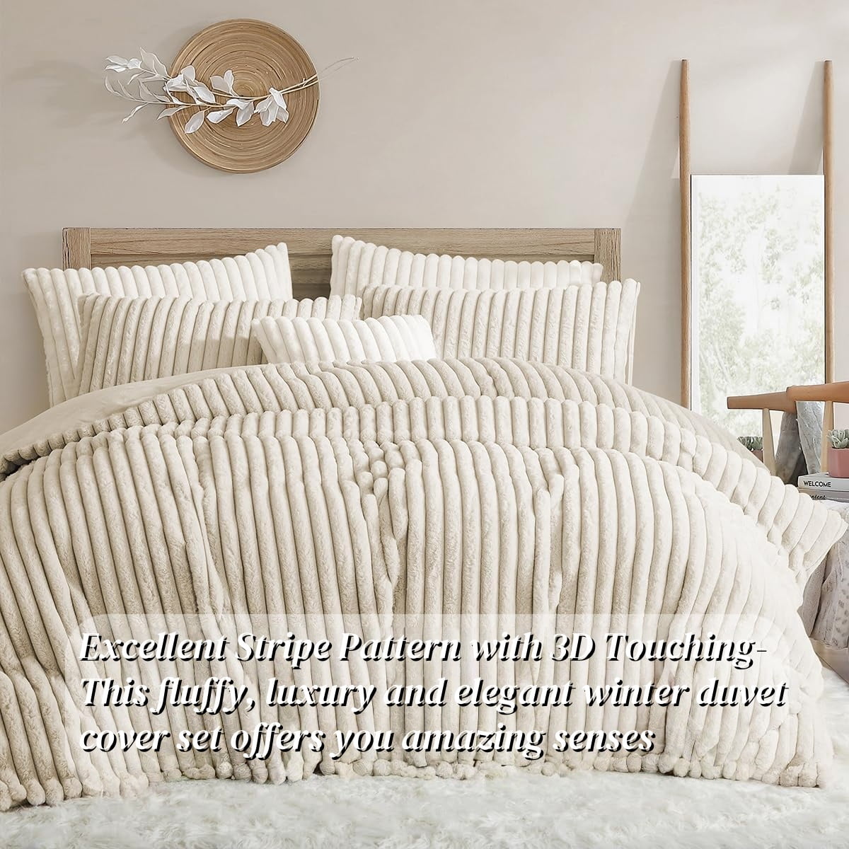 JOLUSERE Beige Fluffy Striped Duvet Cover Queen Set, 3-Piece Super Soft Faux Rabbit Fur Winter Warm Fuzzy Comforter Cover