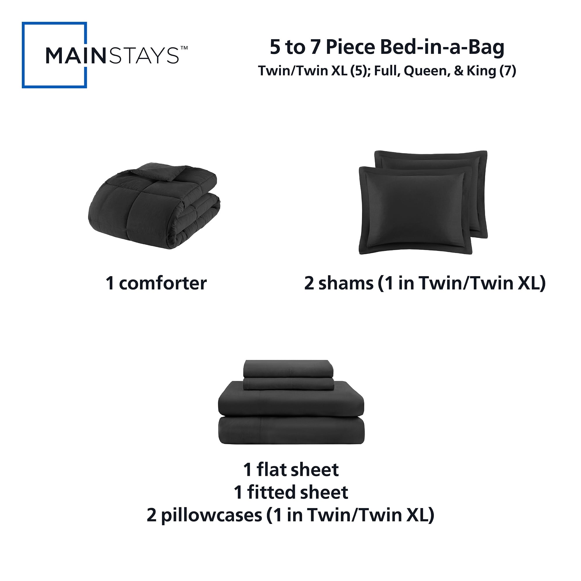 Mainstays 7-Piece Down Alternative Bed in a Bag Comforter Set, Black, Queen