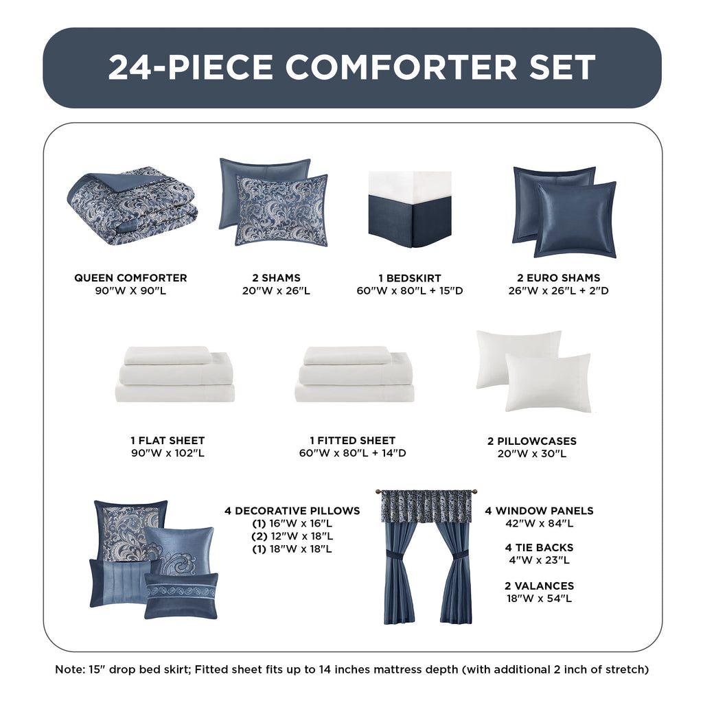 Regency Heights 24PCs Traditional Paisley Jacquard Comforter Set with Window Curtains,Room in a Bag,Queen,24 Pieces-Navy