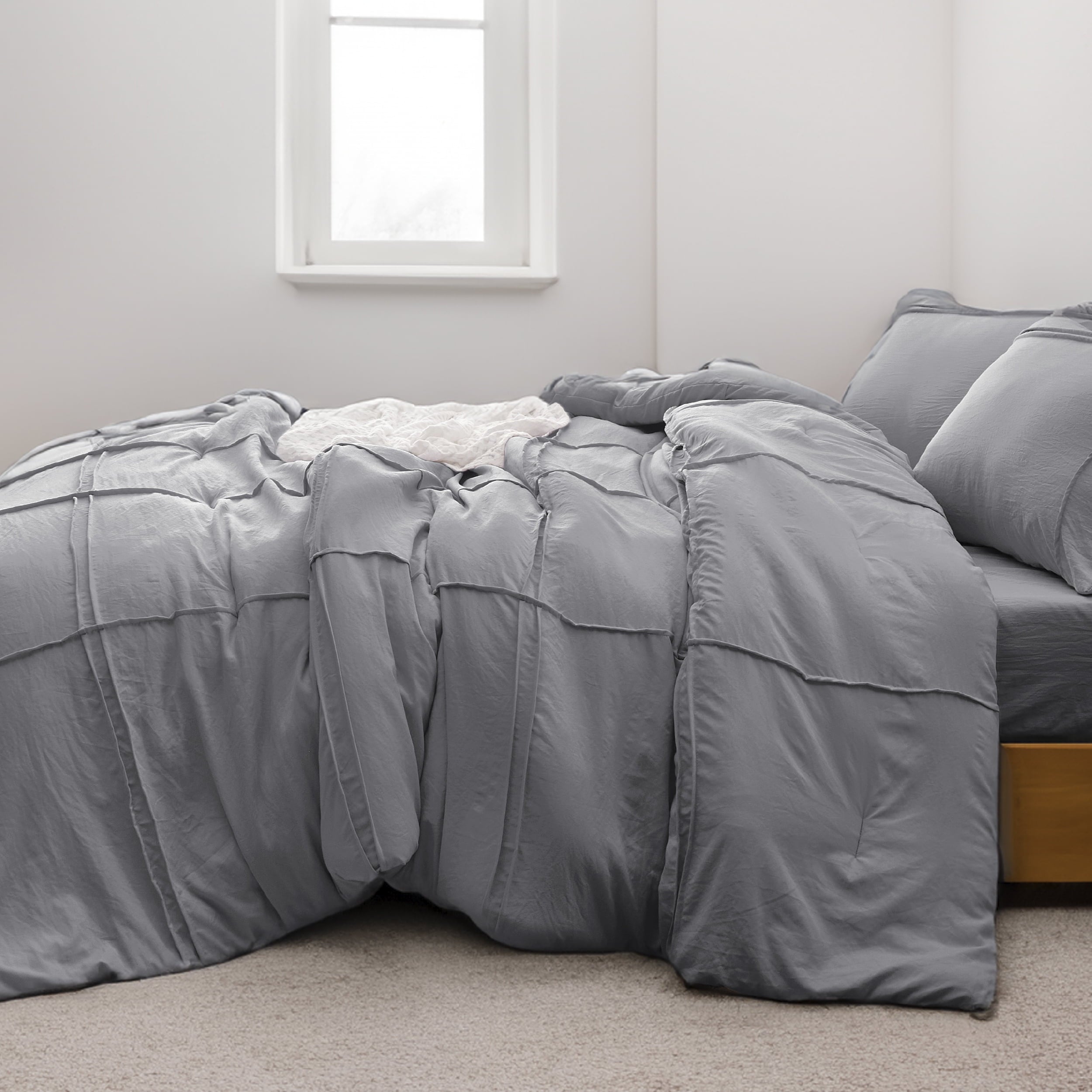Full Comforter Set with Sheet - 4 Pieces Soft Grey Bedding Sets, Grid Pinch Pleat, All Season Lightweight Fluffy Bed Set with Solid Boho Comforter, Pillowcases & Sheet