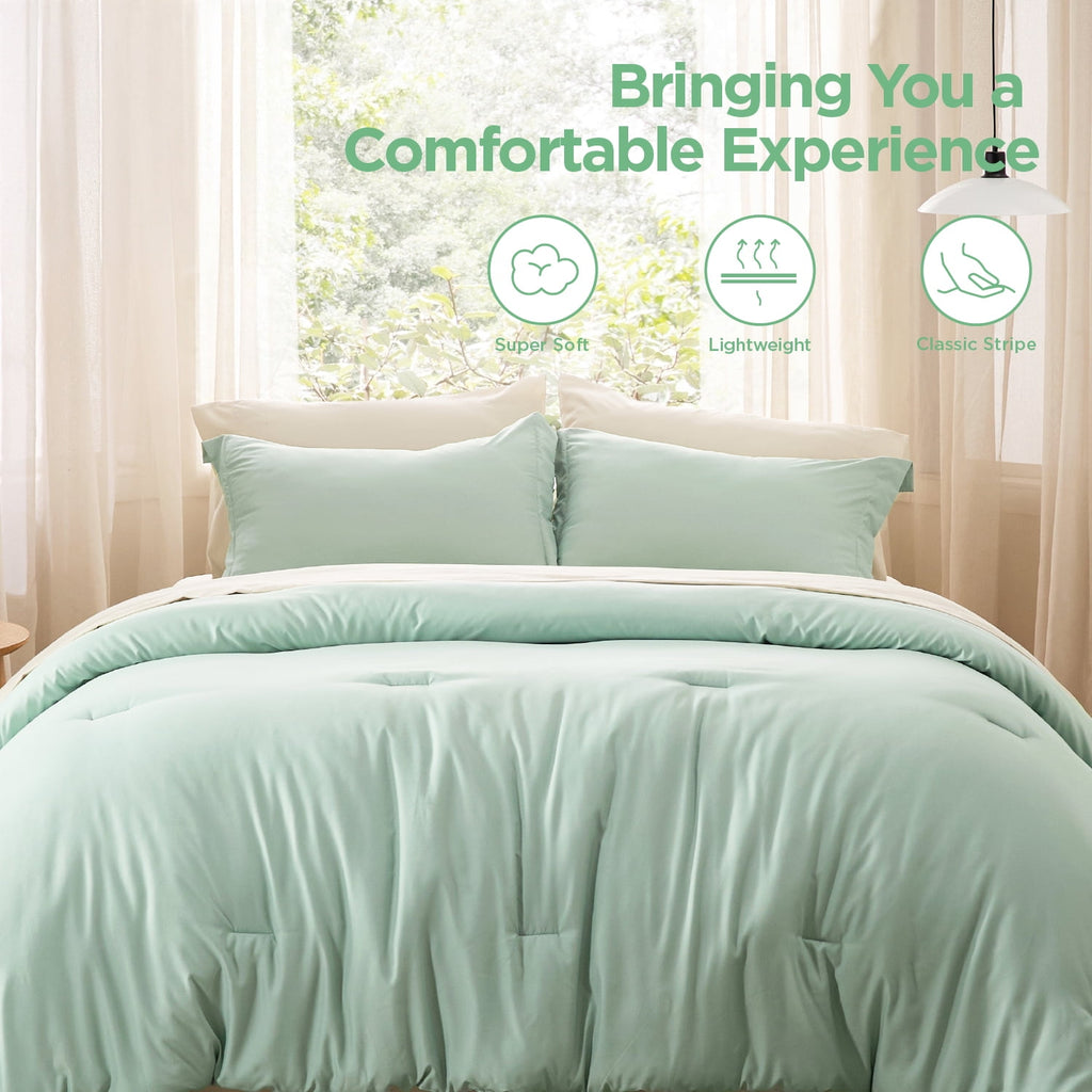 Queen Comforter Set Sage Green, 7 Pieces Soft Comforter with Sheets, Pillowcases & Shams, All Season Boho, Contrasting Design, 80GSM