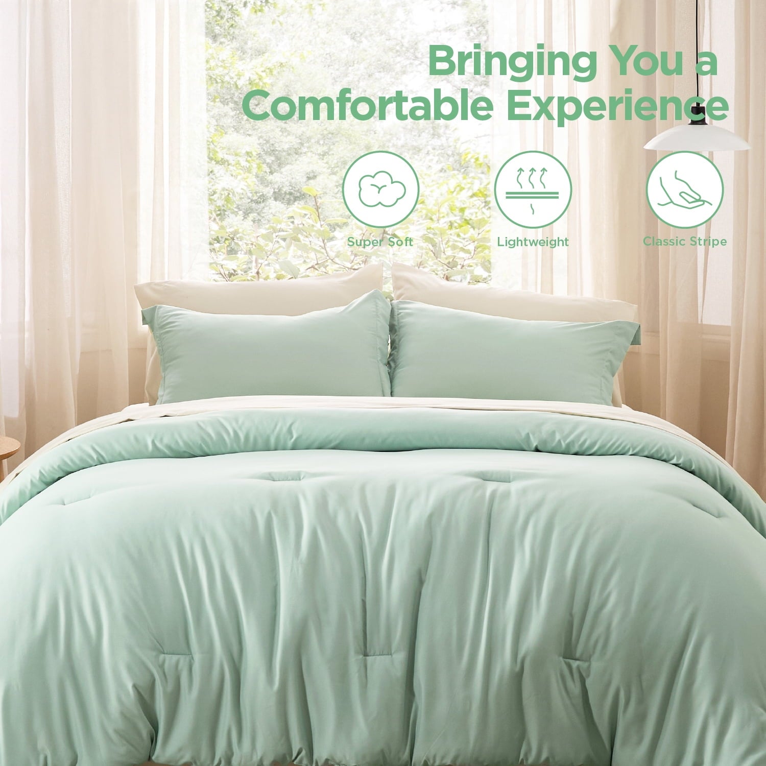 Queen Comforter Set Sage Green, 7 Pieces Soft Comforter with Sheets, Pillowcases & Shams, All Season Boho, Contrasting Design, 80GSM