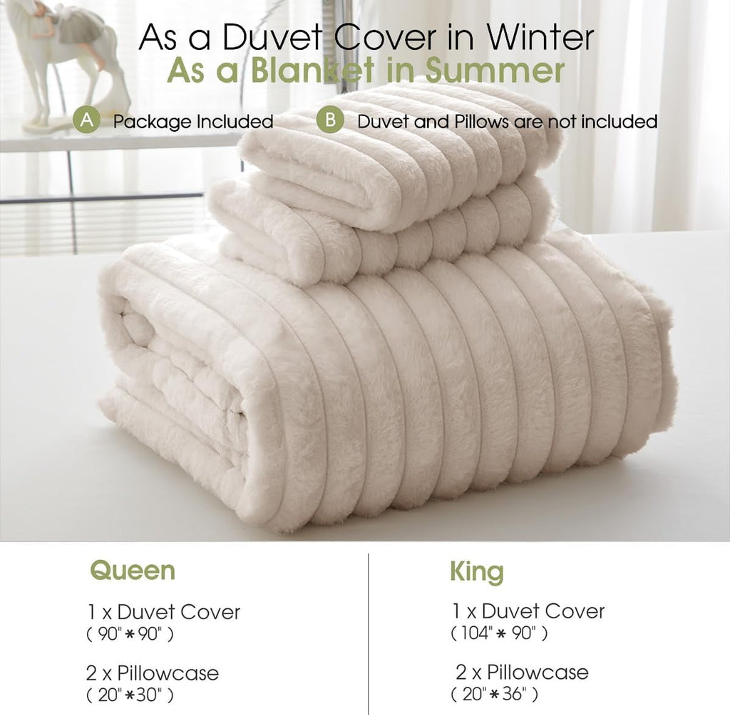 JOLUSERE Beige Fluffy Striped Duvet Cover Queen Set, 3-Piece Super Soft Faux Rabbit Fur Winter Warm Fuzzy Comforter Cover