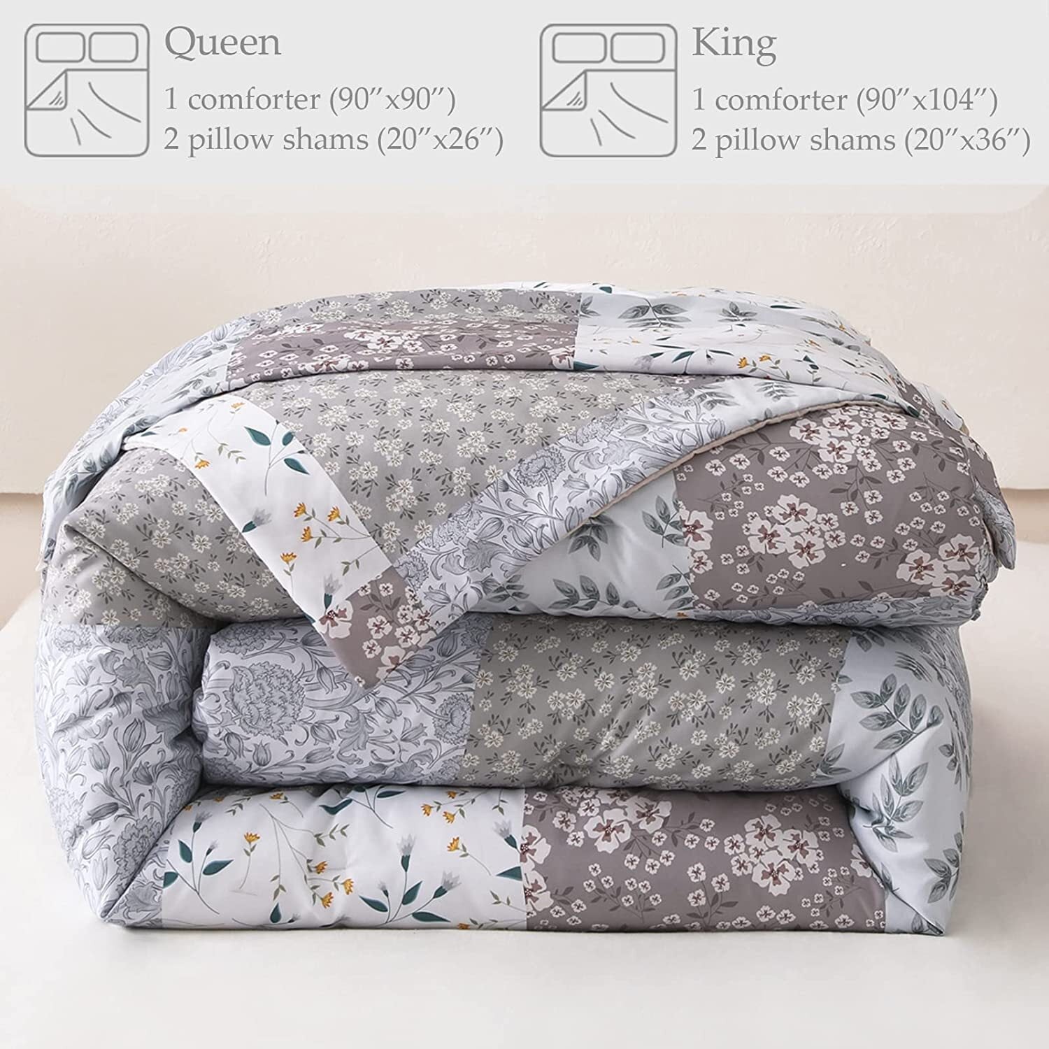 Whale Flotilla 3-Piece King Comforter Set, Soft Reversible Bedding Comforter Sets, Patchwork Printed Down Alternative Comforter Duvet for All Seasons, Grey