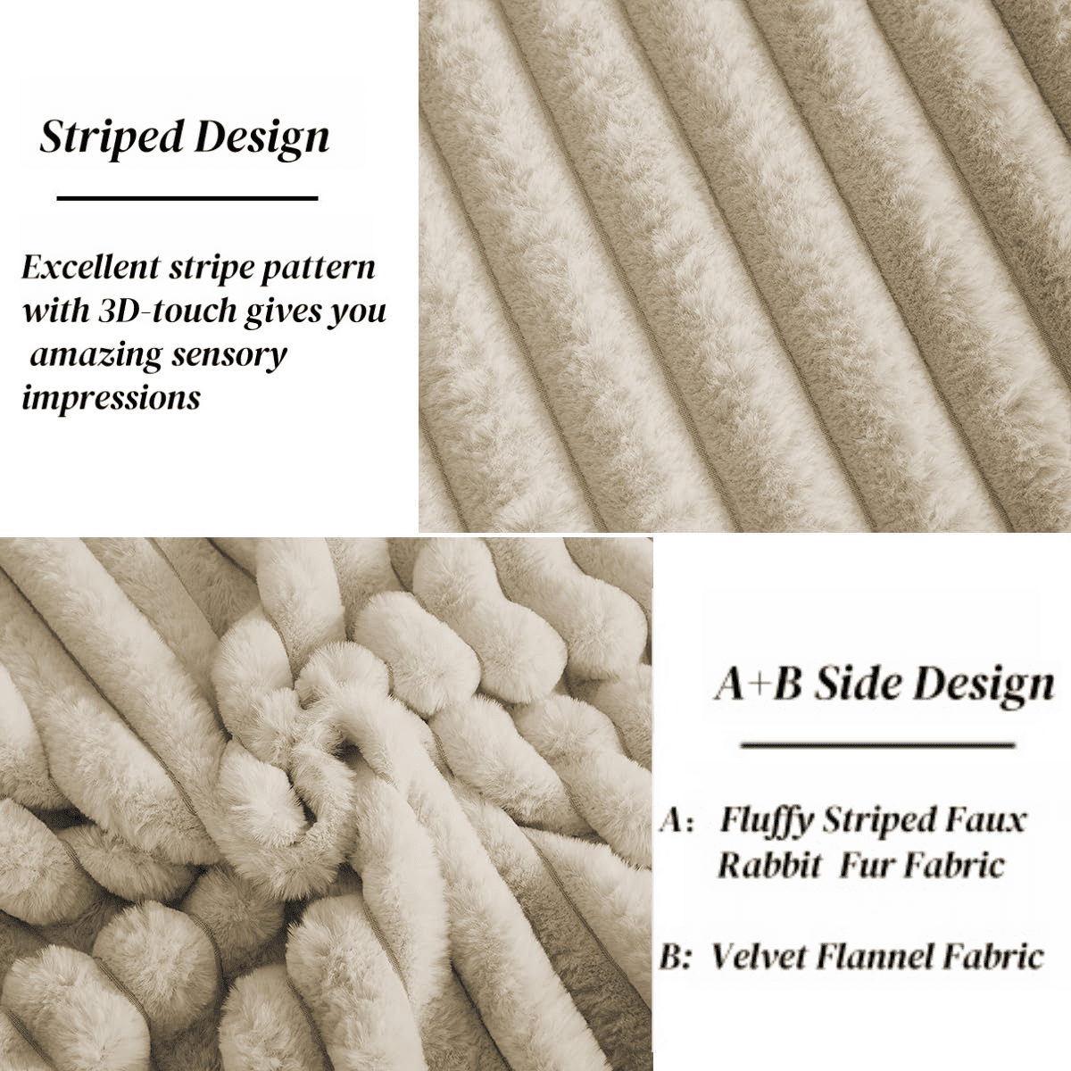 JOLUSERE Beige Fluffy Striped Duvet Cover Queen Set, 3-Piece Super Soft Faux Rabbit Fur Winter Warm Fuzzy Comforter Cover