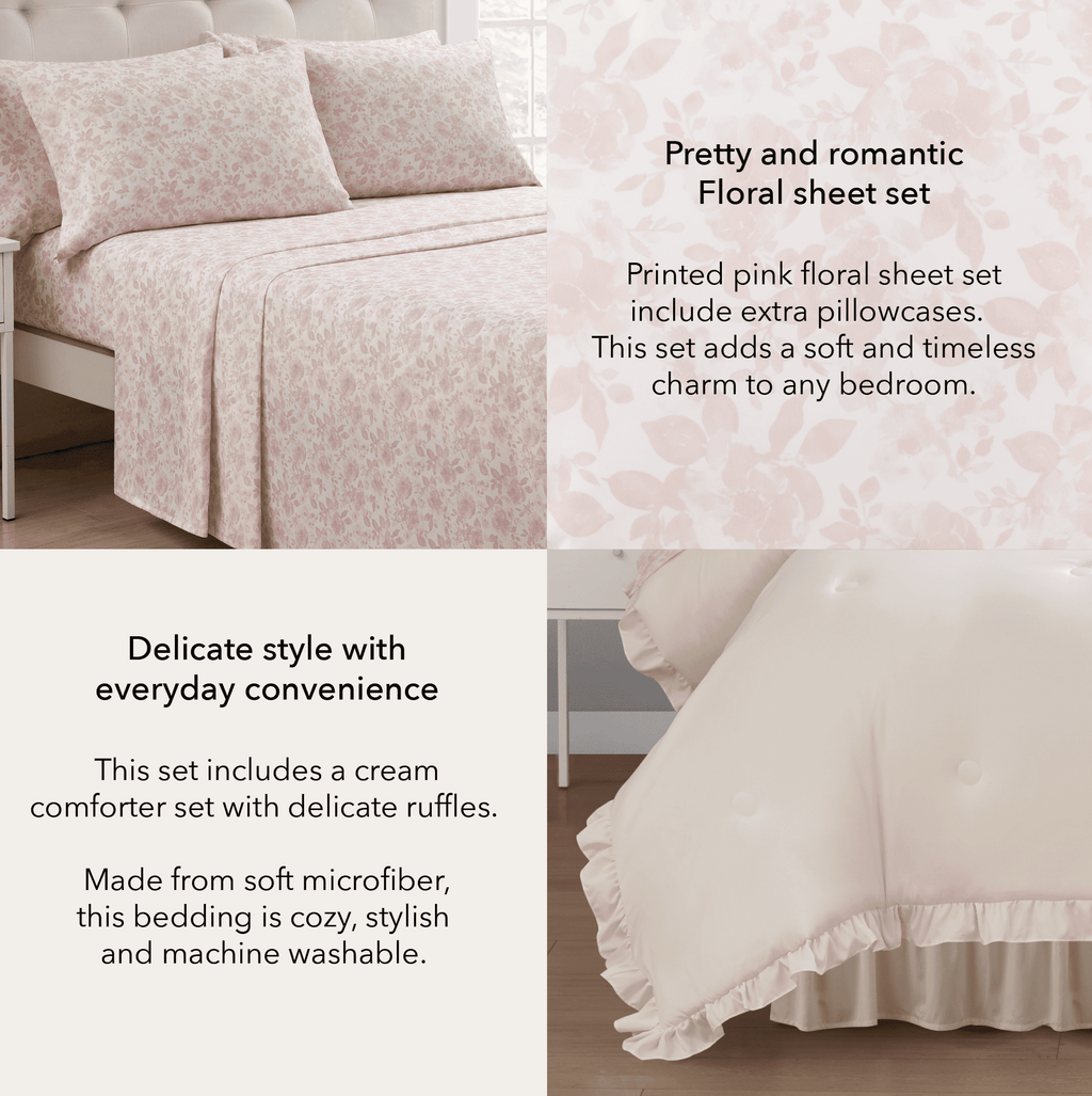 Mainstays 11-Piece Bed in a Bag Comforter Set with Sheets, Cream Ruffle, Queen