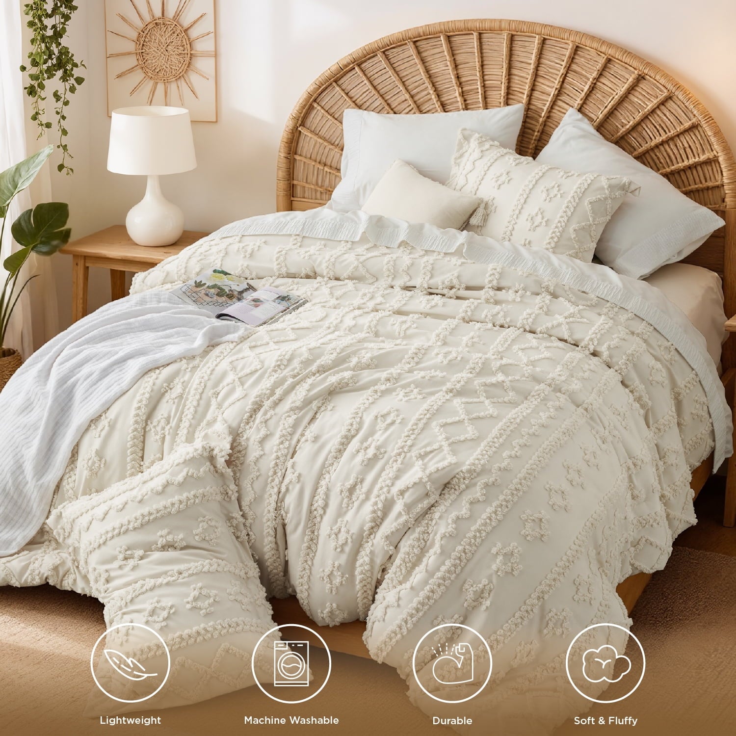 U by Bedsure Tufted Boho Comforter Set Queen, Beige, 3 Pieces Farmhouse Shabby Chic Embroidery Bed Set, Soft Jacquard Comforter for All Seasons