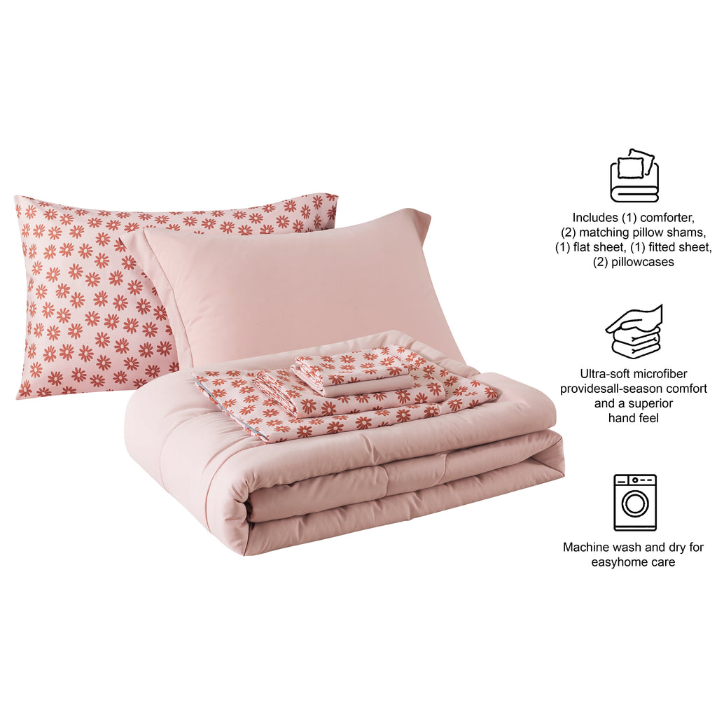 Mainstays 7-Piece Reversible Bed in a Bag Comforter Set with Sheets, Pink, King