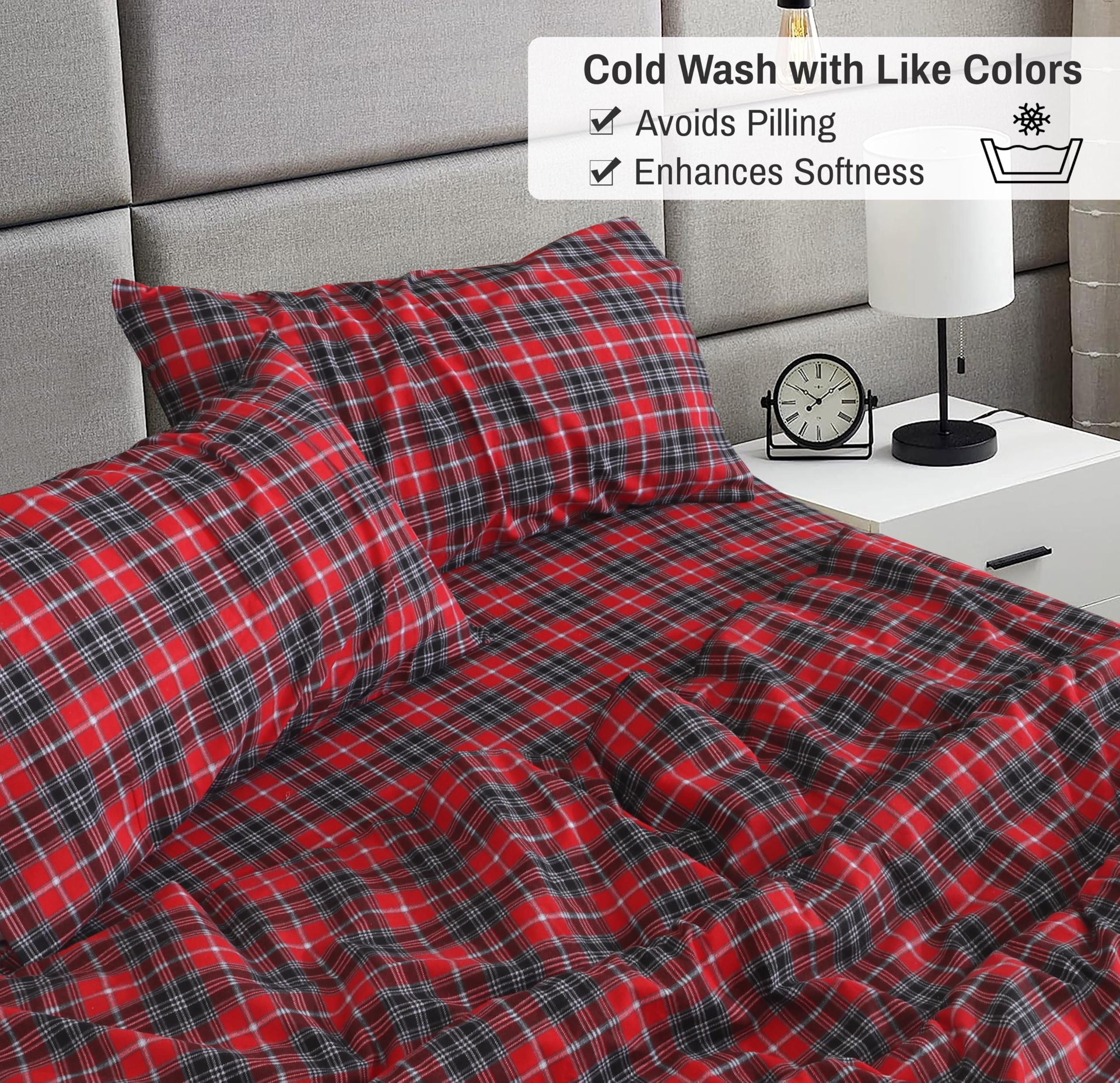 RUVANTI Flannel Sheets Queen Size - 100% Cotton Double Brushed Bed Sheets, Deep Pockets 16 Inches Queen Sheet Set, All Seasons Breathable & Extra Soft - Warm & Cozy, 4 Piece, Red Plaid