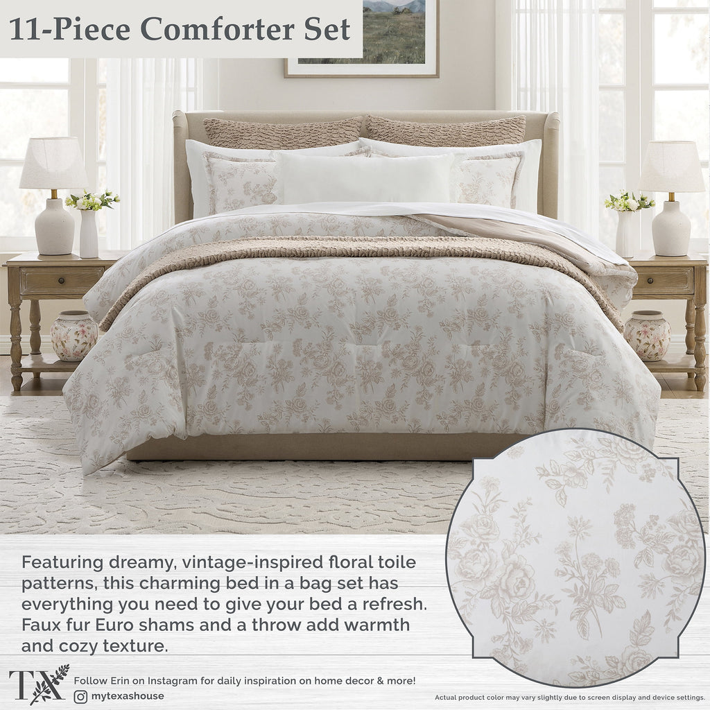 My Texas House Floral 11-Piece Comforter Set with Sheets, Taupe, Queen