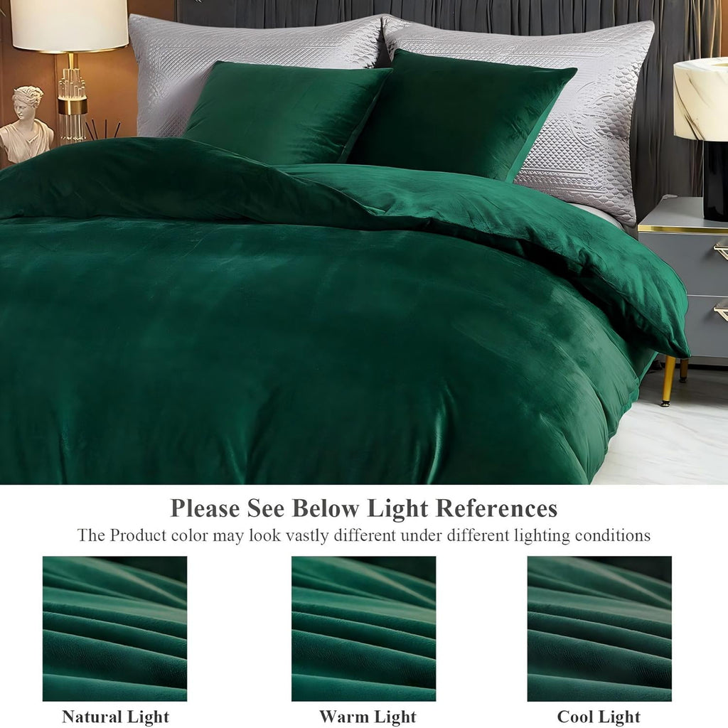 JOLUSERE Dark Green Velvet Duvet Cover King Set, 3-Piece Ultra Soft Fluffy Velvet Winter Bedding Cover