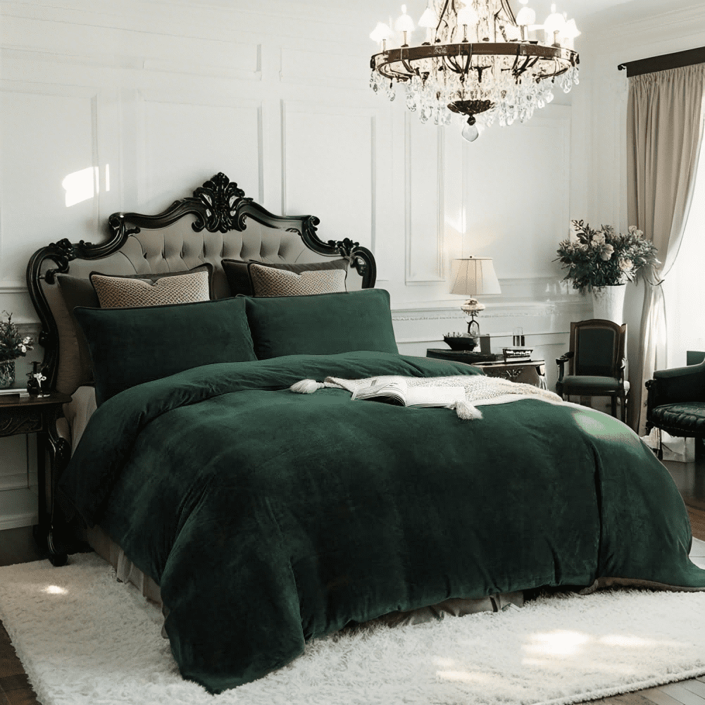 JOLUSERE Dark Green Velvet Duvet Cover King Set, 3-Piece Ultra Soft Fluffy Velvet Winter Bedding Cover
