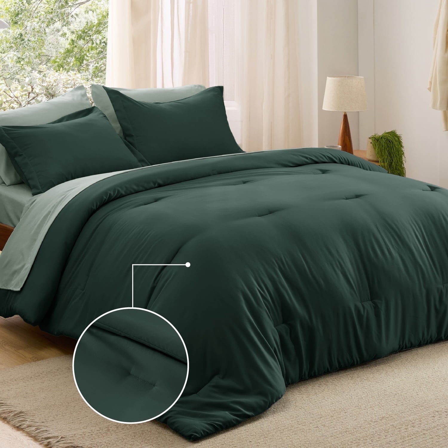Queen Comforter Set Sage Green, 7 Pieces Soft Comforter with Sheets, Pillowcases & Shams, All Season Boho, Contrasting Design, 80GSM