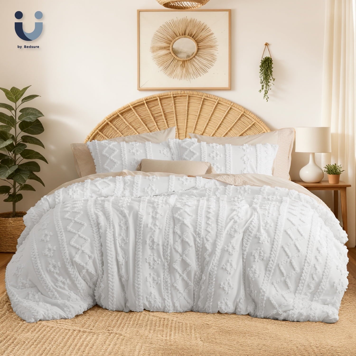 U by Bedsure Tufted Boho Comforter Set Queen, Beige, 3 Pieces Farmhouse Shabby Chic Embroidery Bed Set, Soft Jacquard Comforter for All Seasons