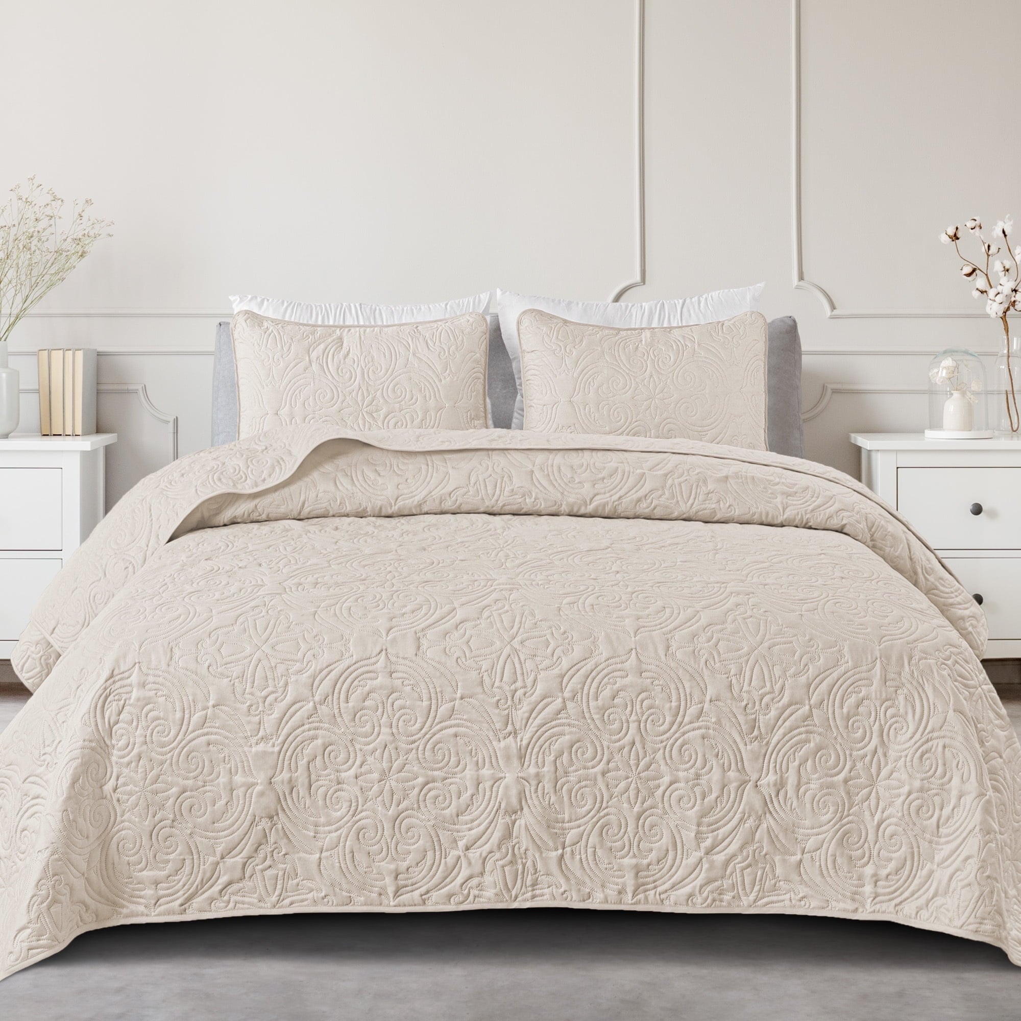 Exclusivo Mezcla Queen Quilt Bedding Set, Lightweight Vintage Queen Size Quilts with Pillow Shams, Soft Bedspreads Coverlets for All Seasons (96"x90", Brich Beige)