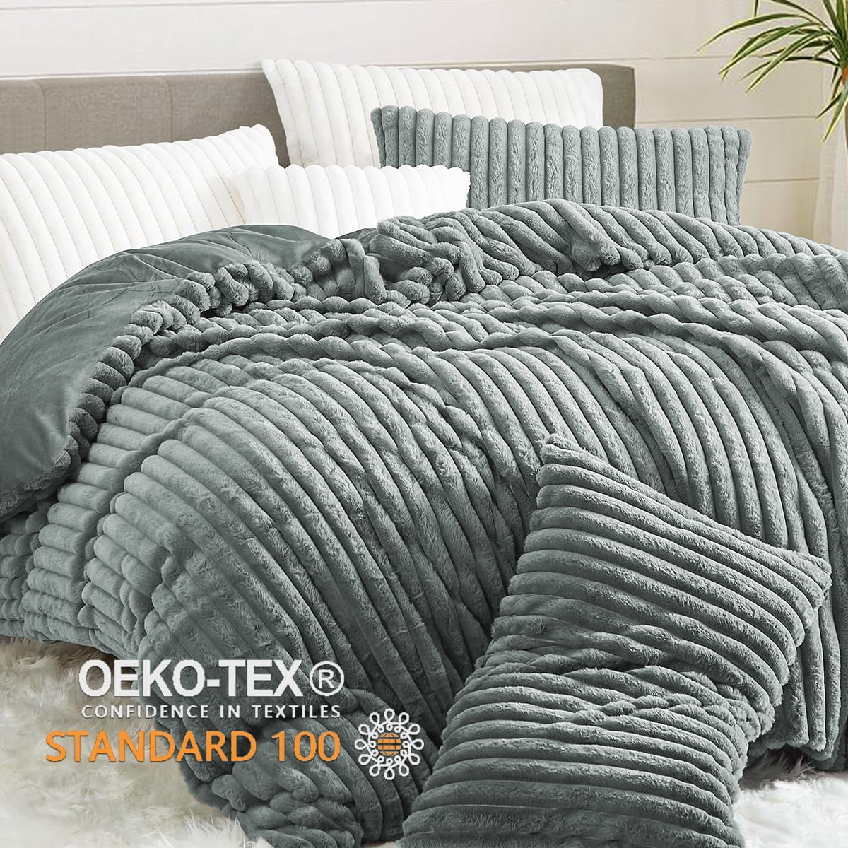 JOLUSERE Beige Fluffy Striped Duvet Cover Queen Set, 3-Piece Super Soft Faux Rabbit Fur Winter Warm Fuzzy Comforter Cover