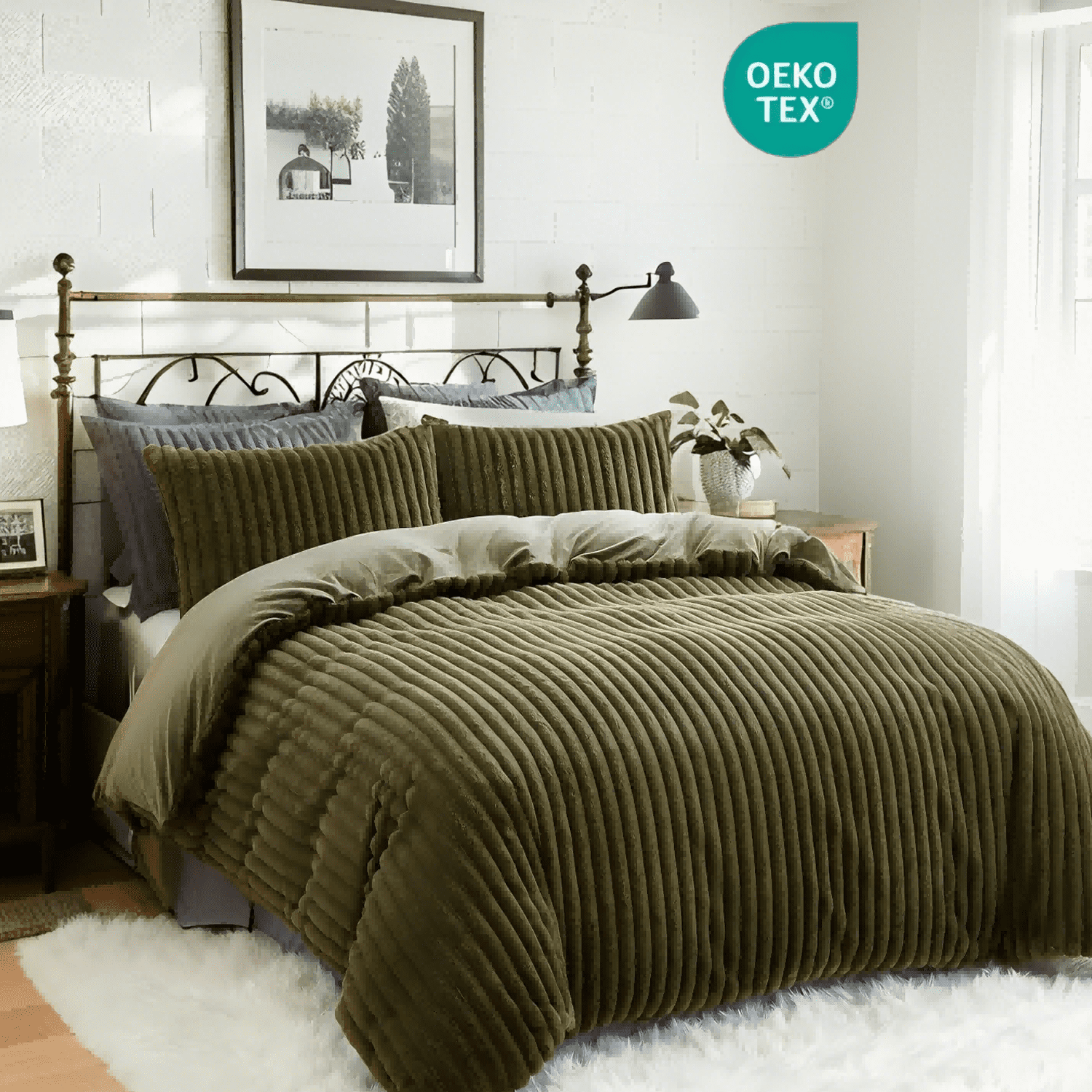 JOLUSERE Beige Fluffy Striped Duvet Cover Queen Set, 3-Piece Super Soft Faux Rabbit Fur Winter Warm Fuzzy Comforter Cover