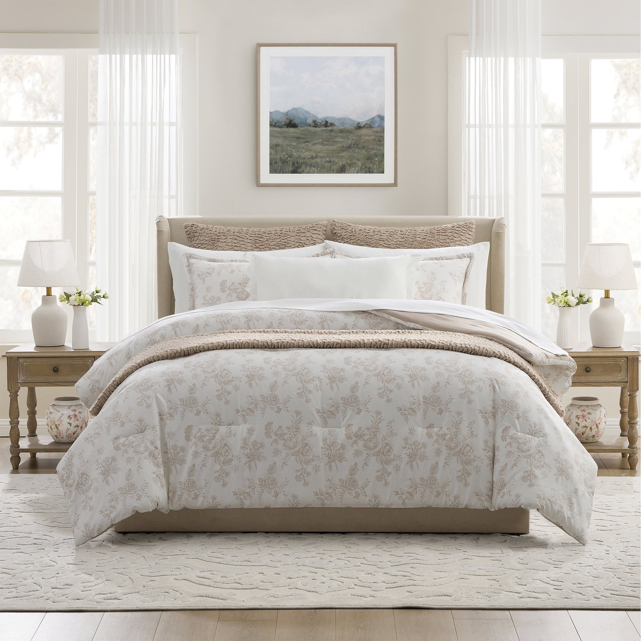 My Texas House Floral 11-Piece Comforter Set with Sheets, Taupe, Queen