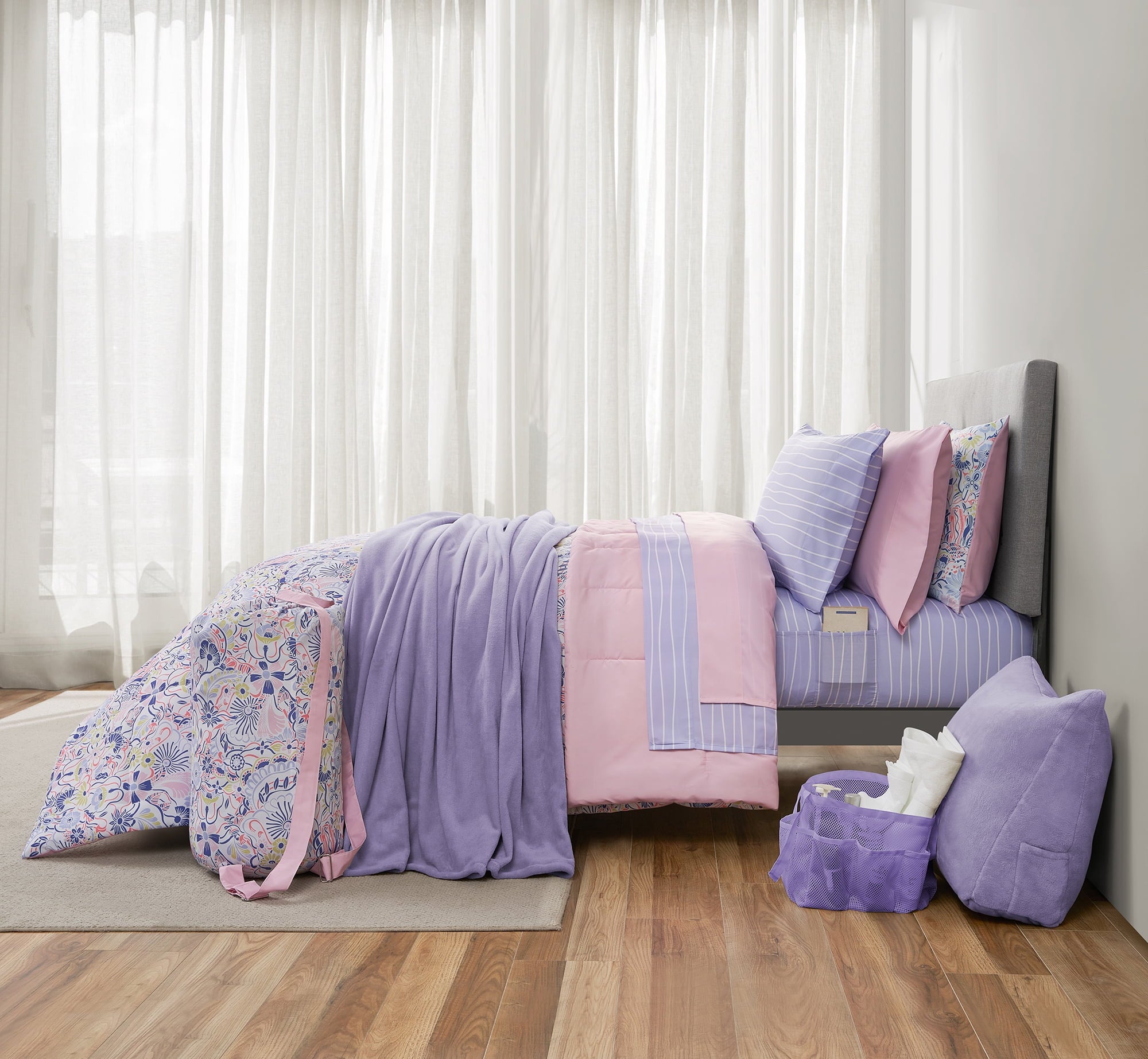14pc College Dorm Essentials Bundle, Twin-XL, Reversible Bed in a Bag Comforter Set, Purple Floral