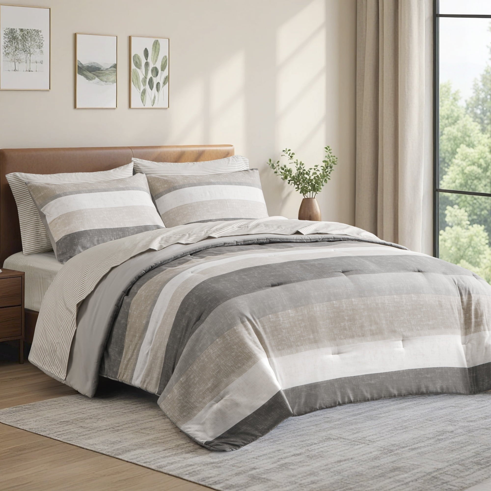 Regency Heights 5 Piece Stripe Comforter Set, Twin Size Bed in a Bag Bedding Set for Dorm Room, Comforter Bed Set with Flat Sheet and Fitted Sheet, Blue Grey