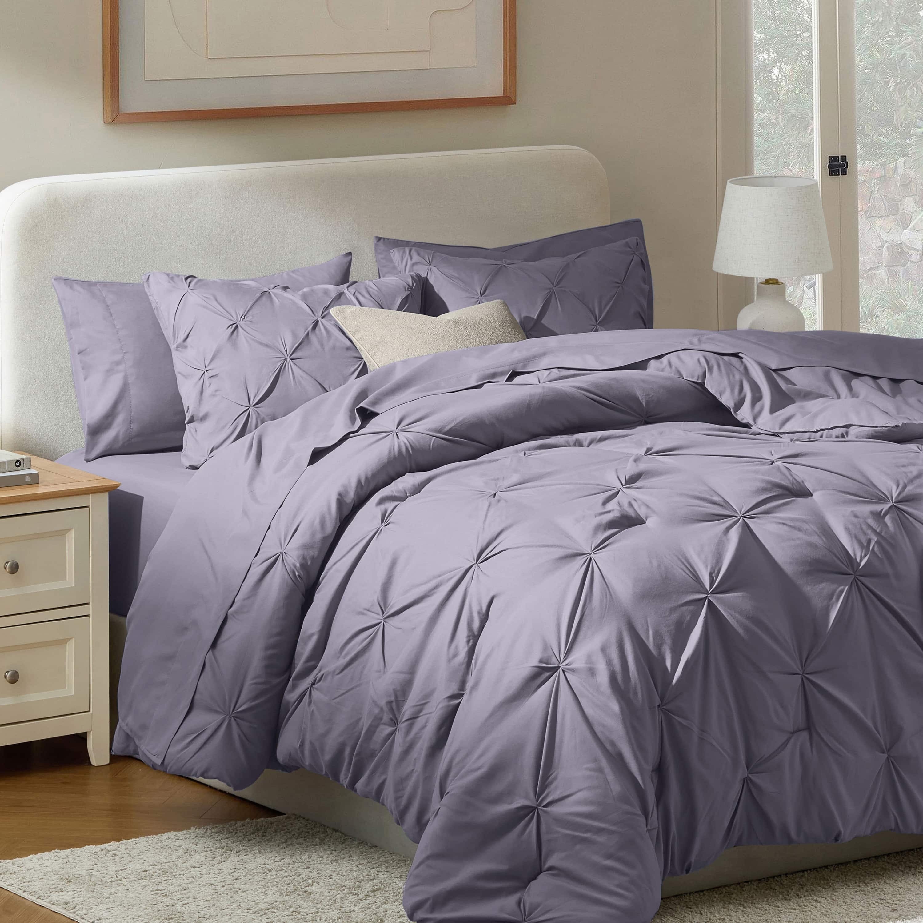 Virtu Queen Comforter Set, 7pc Bed in a Bag, Pleated Bedding Comforter Sets Queen, Gray/Silver
