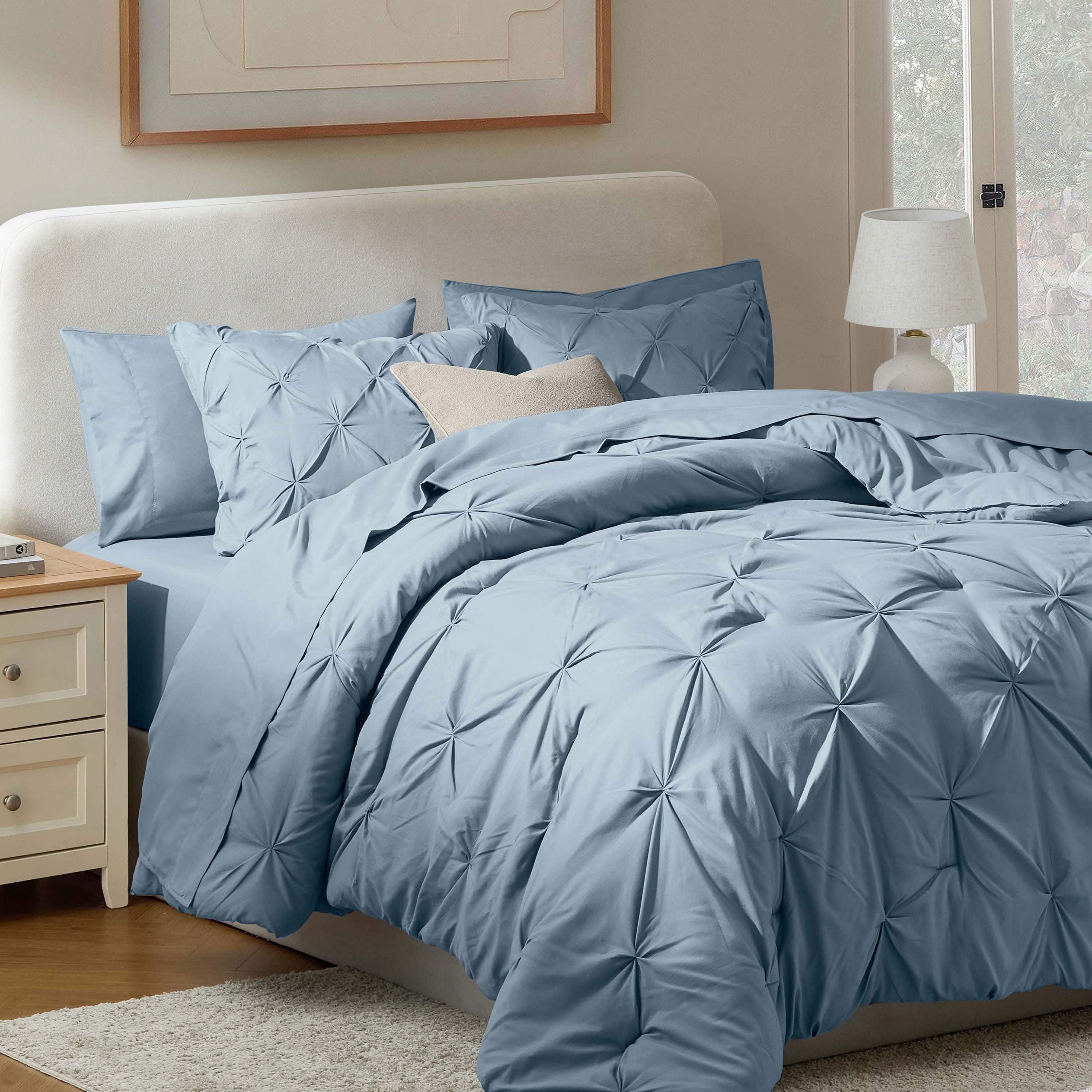 Virtu Queen Comforter Set, 7pc Bed in a Bag, Pleated Bedding Comforter Sets Queen, Gray/Silver