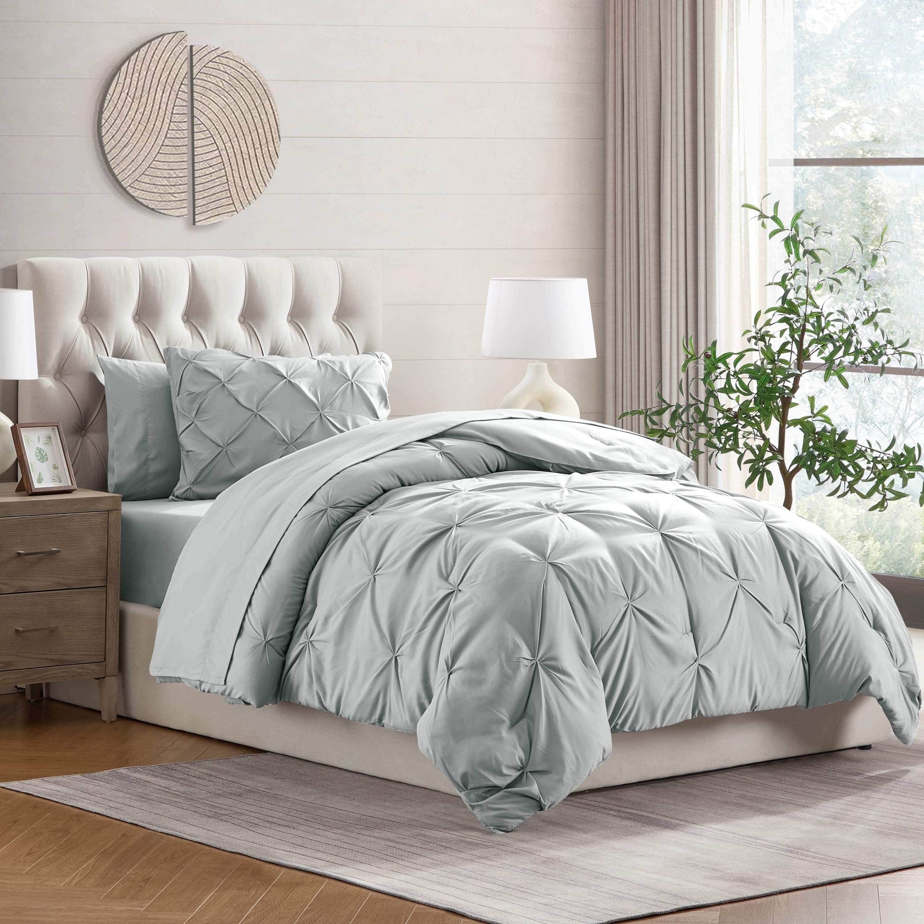 Virtu Queen Comforter Set, 7pc Bed in a Bag, Pleated Bedding Comforter Sets Queen, Gray/Silver