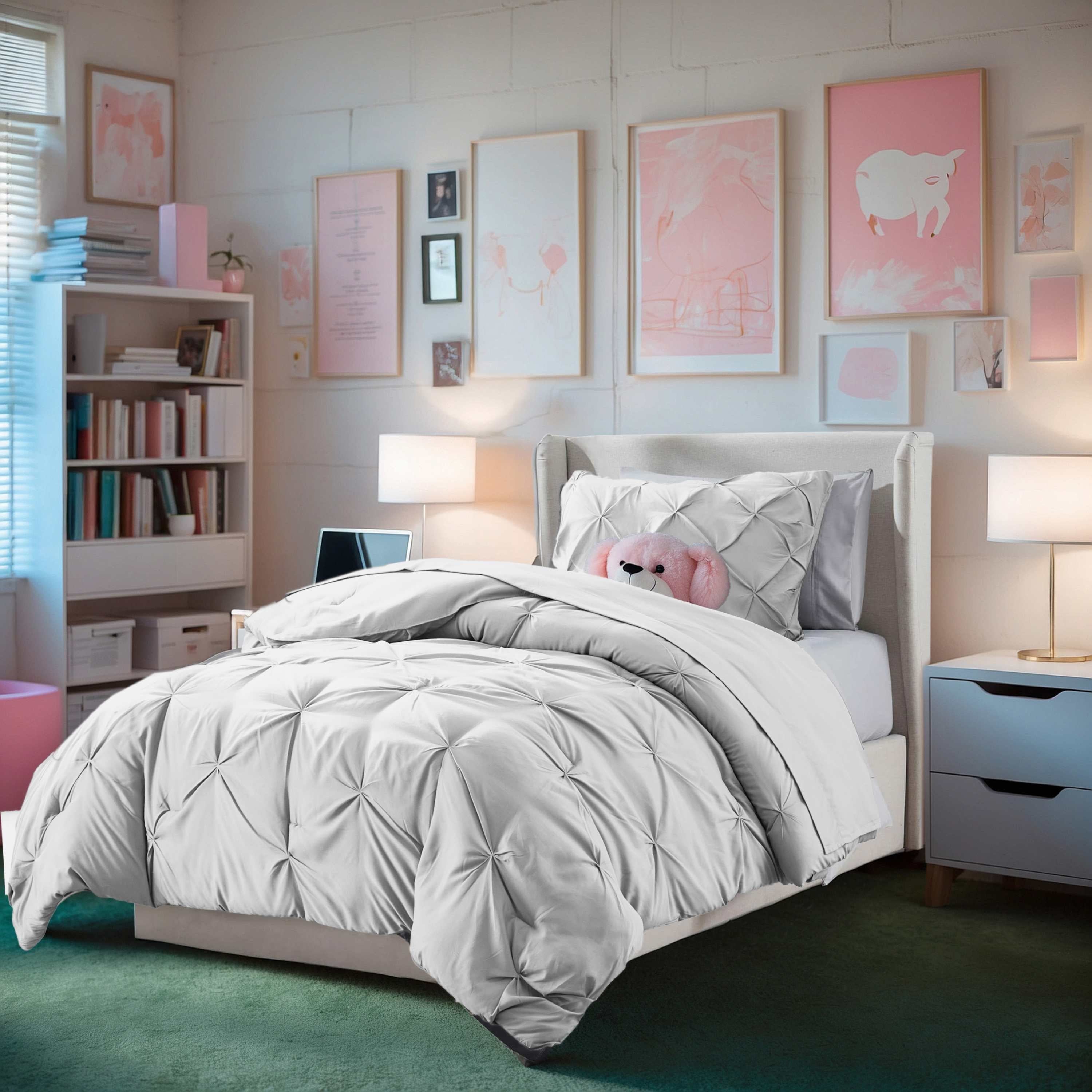 Virtu Queen Comforter Set, 7pc Bed in a Bag, Pleated Bedding Comforter Sets Queen, Gray/Silver