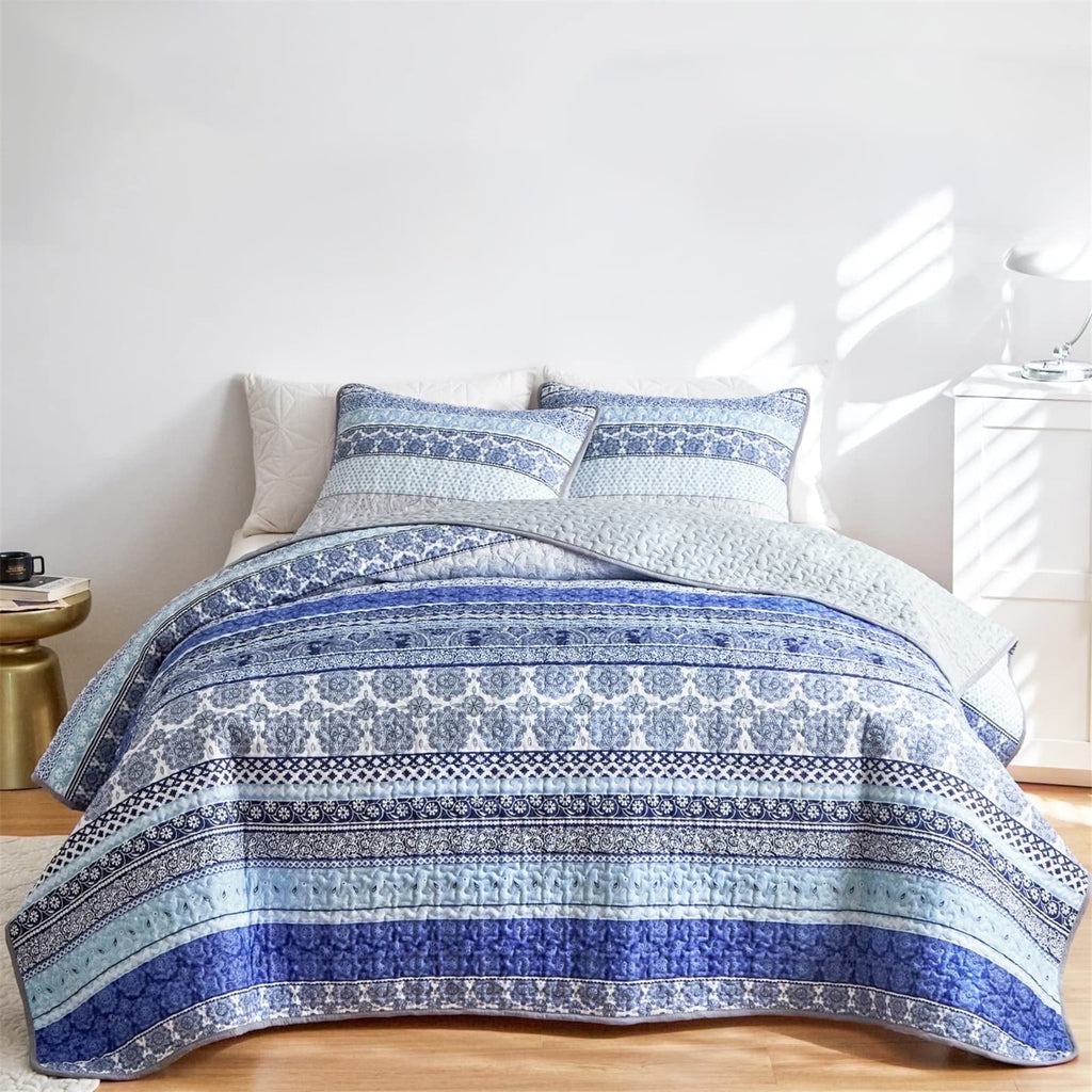 Dintszyayue Bohemian Quilt Set Queen Size,Blue Stripe 1Bedspread and 2Pillowcase Lightweight Adult(90"x96")