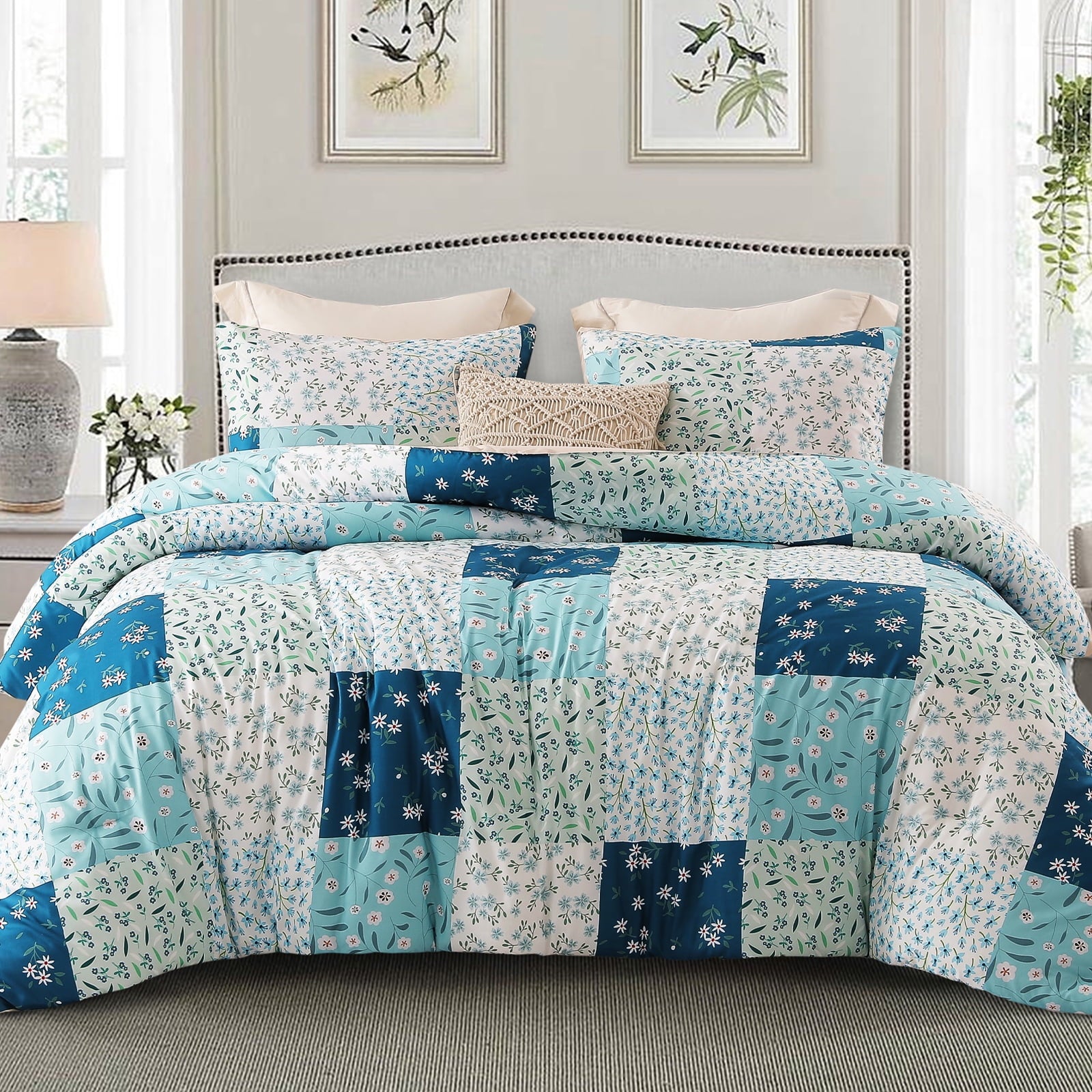 Whale Flotilla 3-Piece King Comforter Set, Soft Reversible Bedding Comforter Sets, Patchwork Printed Down Alternative Comforter Duvet for All Seasons, Grey