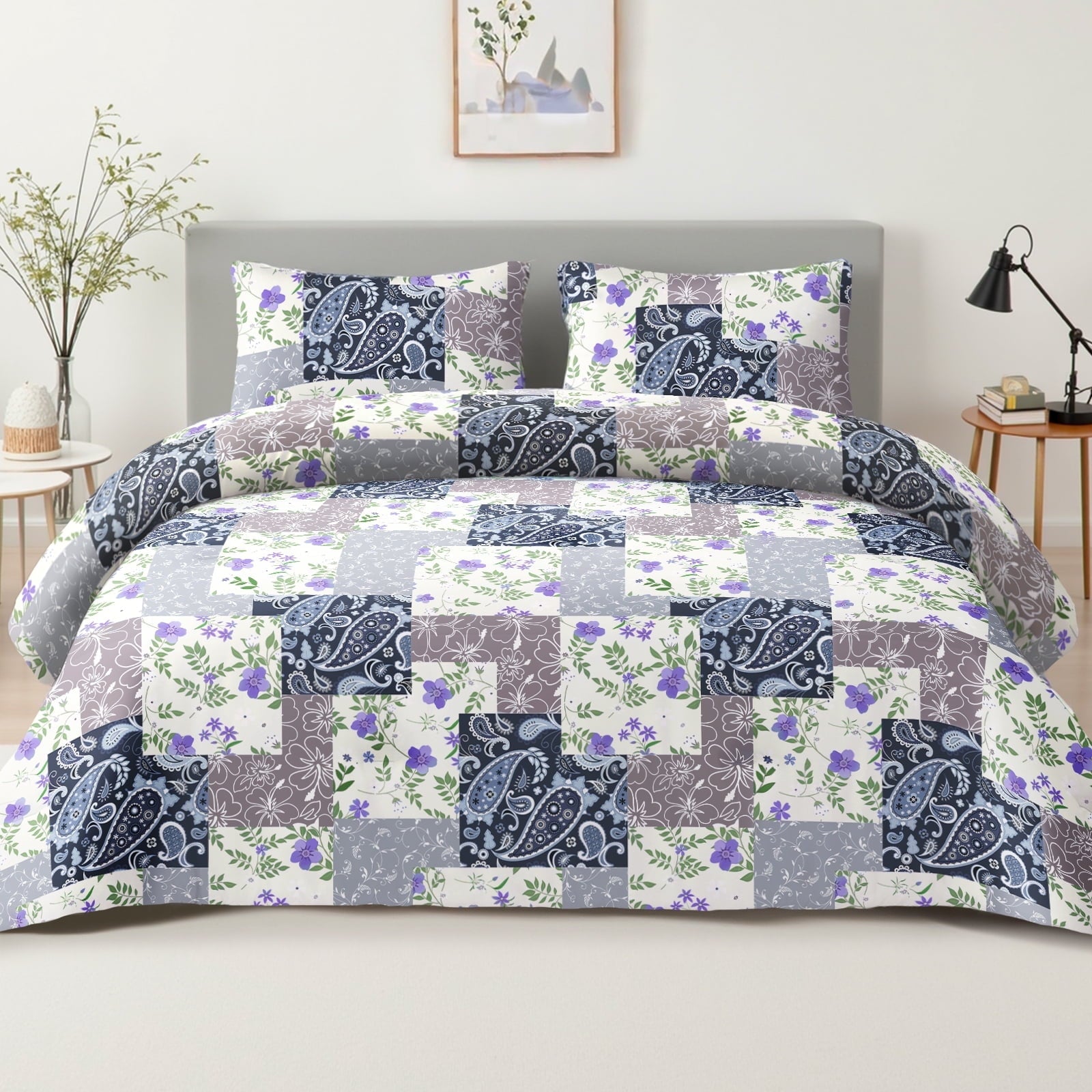 Whale Flotilla 3-Piece King Comforter Set, Soft Reversible Bedding Comforter Sets, Patchwork Printed Down Alternative Comforter Duvet for All Seasons, Grey