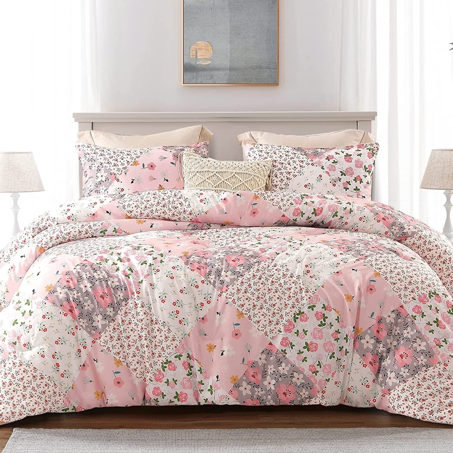 Whale Flotilla 3-Piece King Comforter Set, Soft Reversible Bedding Comforter Sets, Patchwork Printed Down Alternative Comforter Duvet for All Seasons, Grey