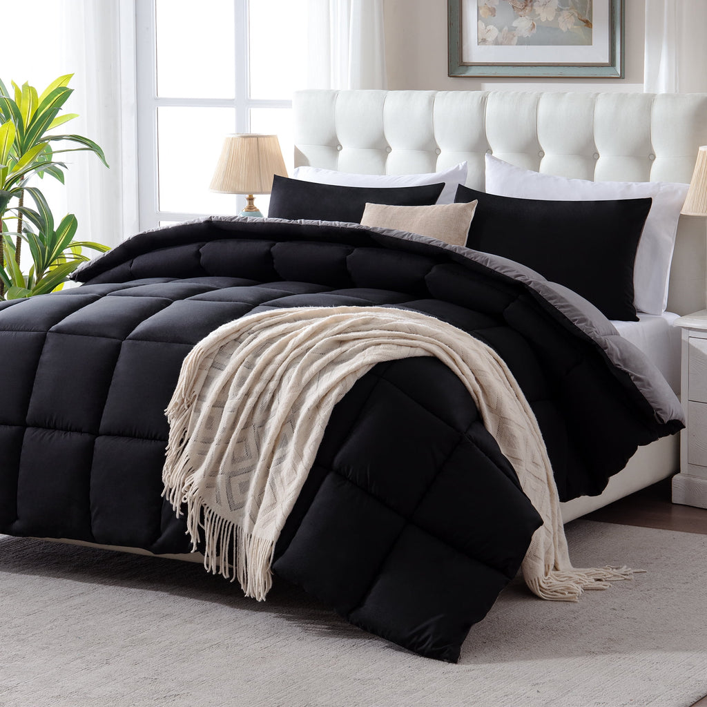 Yalamila Queen Size Comforter Set 3-Piece All-Season Down Alternative Reversible Comforter Set,Black/Grey,200GSM Cooling Quilted Duvet Insert,95 GSM Soft Cover Bed in a Bag