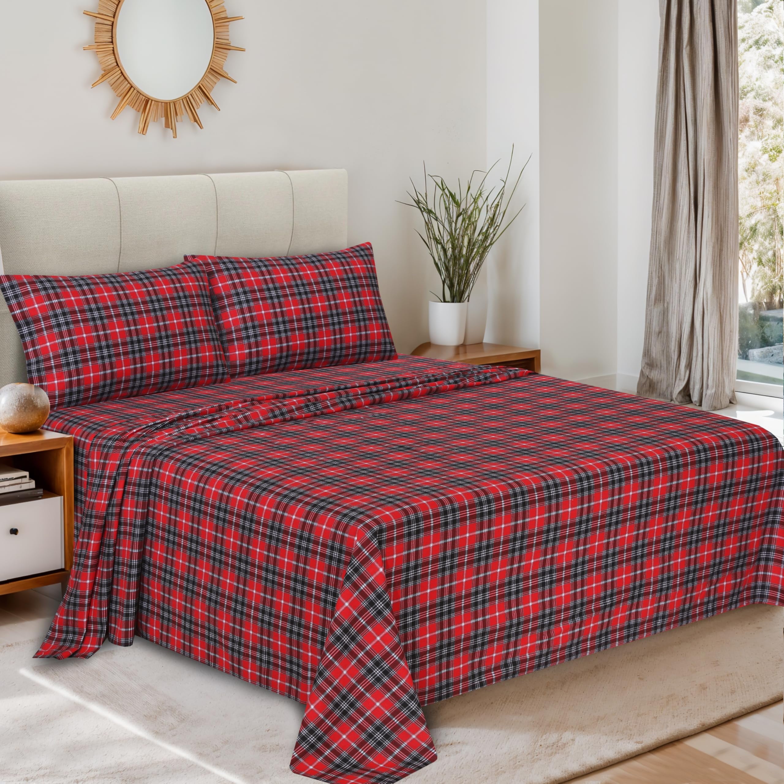 RUVANTI Flannel Sheets Queen Size - 100% Cotton Double Brushed Bed Sheets, Deep Pockets 16 Inches Queen Sheet Set, All Seasons Breathable & Extra Soft - Warm & Cozy, 4 Piece, Red Plaid