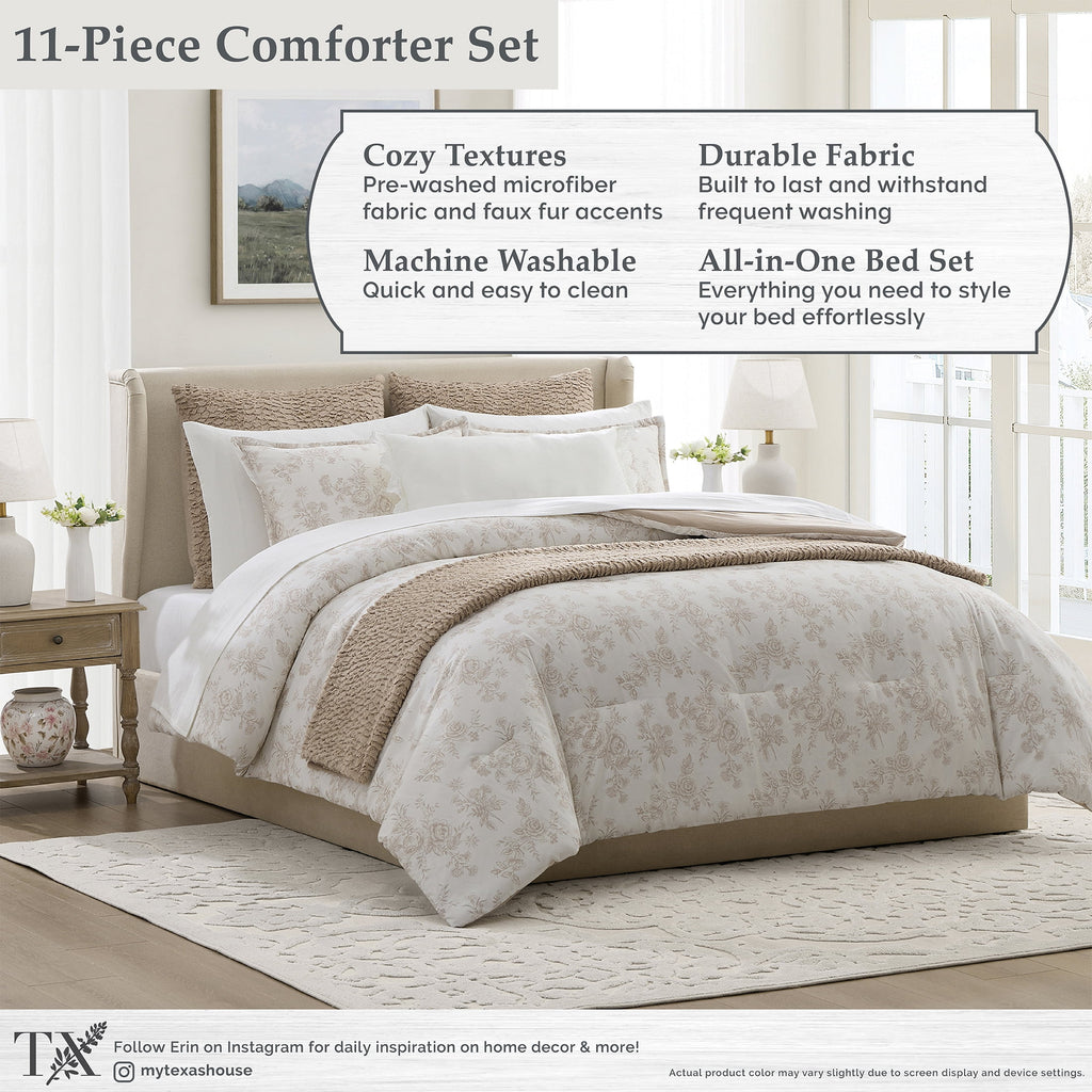 My Texas House Floral 11-Piece Comforter Set with Sheets, Taupe, Queen
