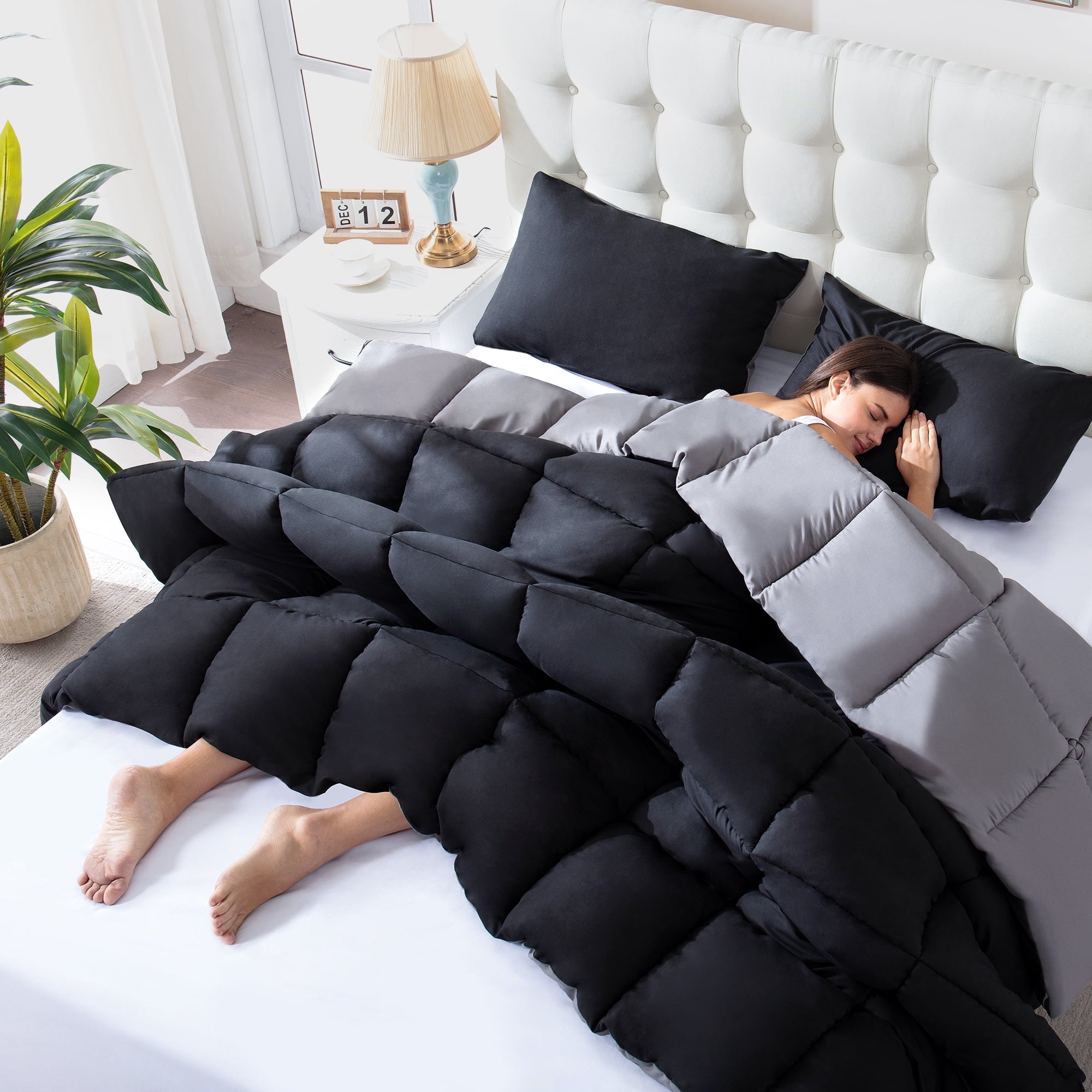 Yalamila Queen Size Comforter Set 3-Piece All-Season Down Alternative Reversible Comforter Set,Black/Grey,200GSM Cooling Quilted Duvet Insert,95 GSM Soft Cover Bed in a Bag