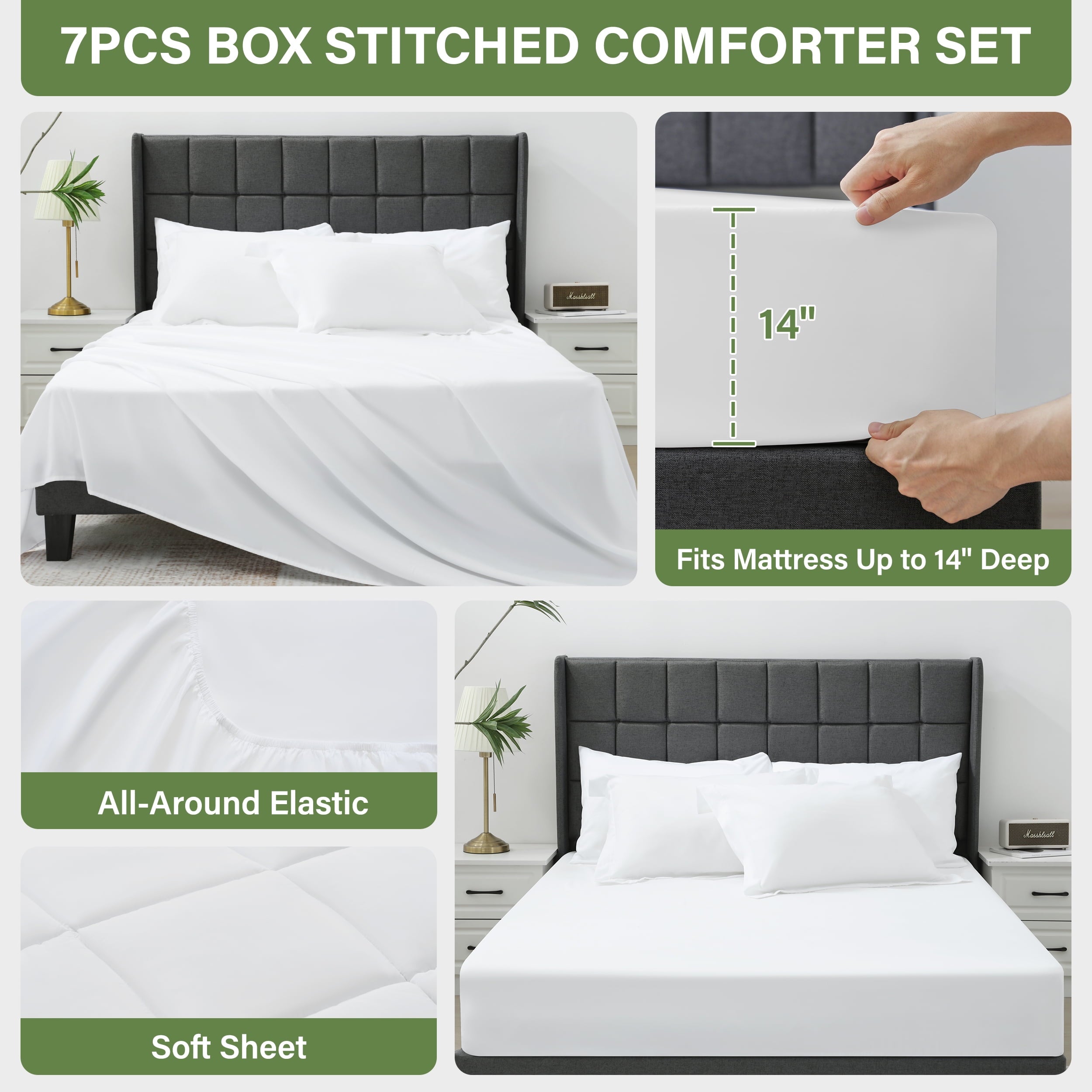 Vccoem 7 Piece Comforter Set Queen Size, All Season Bed in a Bag, Ultra Soft Bedding with Comforter, Sheets, Pillowcases & Shams, White