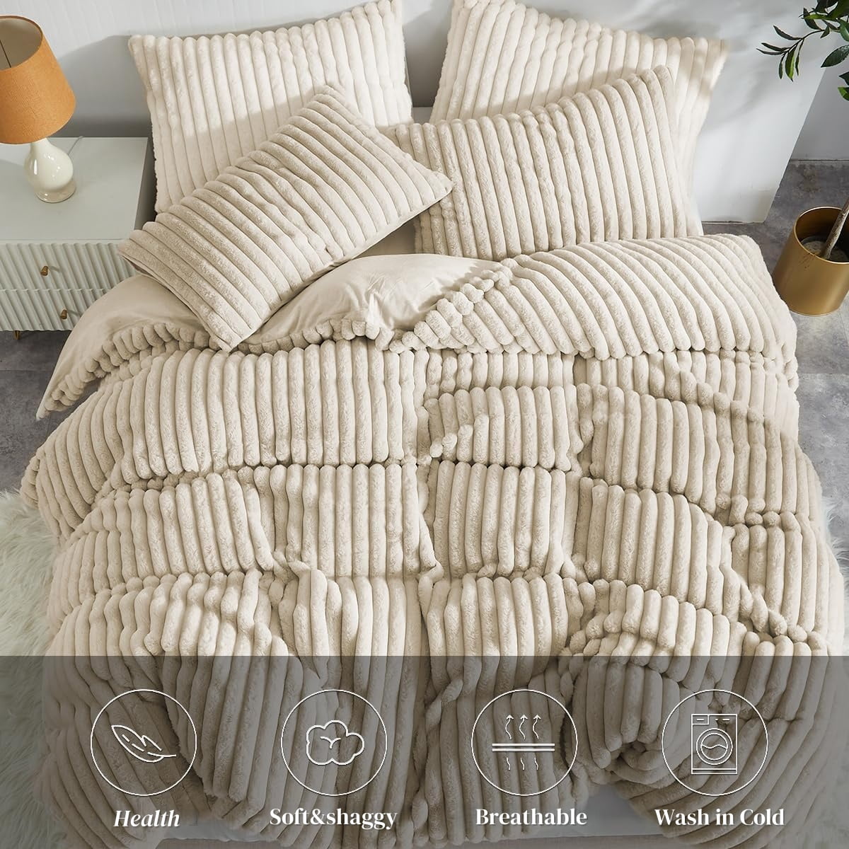 JOLUSERE Beige Fluffy Striped Duvet Cover Queen Set, 3-Piece Super Soft Faux Rabbit Fur Winter Warm Fuzzy Comforter Cover